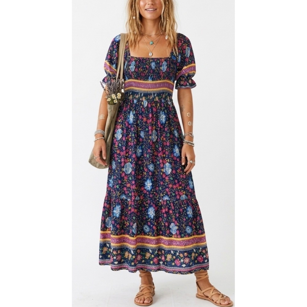 NWOT Blue Floral Smocked Midi Dress Boho Cottagecore Puff Sleeve Square Neck XL